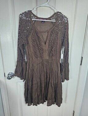 Rock & Roll Cowgirl NWT Brown Lace Tier Mini Dress Boho Nashville Country Size M